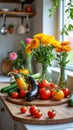 Fresh colorful vegetables and bright flowers on kitchen counter with natural light Royalty Free Stock Photo