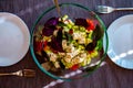 Fresh colorful yellow green cauliflower broccoli salad with goat cheese Royalty Free Stock Photo