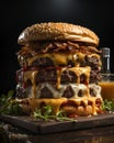 Stacked Cooked Delicious Giant Triple Cheeseburger with all the Fixings. Generative AI