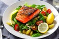 Fresh cooked delicious salmon steak with salad lemon potato