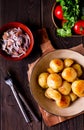 Fresh Cooked, new potatoes,with dill, on a wooden table, selective focus. close-up, toning, no people, Royalty Free Stock Photo