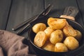 Fresh Cooked, new potatoes,with dill, on a wooden table, selective focus. close-up, toning, no people, Royalty Free Stock Photo