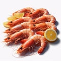 Fresh cooked prawns arranged in a circular pattern with lemon wedges. Generative AI Royalty Free Stock Photo