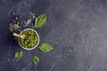 Fresh Cooked Traditiona Italian sauce Pesto and Basil leaves on dark background. Copy sapce for text Royalty Free Stock Photo