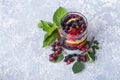 Fresh cool detox drink with berries and lemon. Glass of lemonade or infuse water, tea with leaves mint. Proper nutrition and Royalty Free Stock Photo