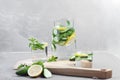 Health care, fitness, healthy food concept. Fresh cool mint lemon cucumber pour water, cocktail, detox drink, lemonade in a glass Royalty Free Stock Photo