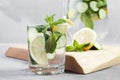 Health care, fitness, healthy food concept. Fresh cool mint lemon cucumber pour water, cocktail, detox drink, lemonade in a glass Royalty Free Stock Photo