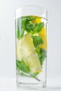 Fresh Cool Infused Detox Water with Ripe Organic Sliced Lemons Mint in Tall Frosty Glass. White Background. Healthy Drink Royalty Free Stock Photo