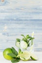 Fresh cool lemonade with mineral water, lime, cucumber, mint, ice and ingredients on light blue wood plank. Royalty Free Stock Photo