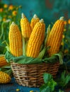 Fresh corn cobs in basket on wooden table Royalty Free Stock Photo