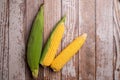 Fresh corn cobs on flat wooden background Royalty Free Stock Photo