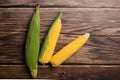 Fresh corn cobs on flat wooden background Royalty Free Stock Photo