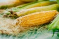 Collage of ripe raw natural corn and asparagus on wooden table Royalty Free Stock Photo