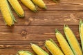 Fresh corn on cobs on rustic wooden table. Summer healthy vegetables. Top view witn copy space. Frame Royalty Free Stock Photo