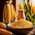 Fresh corn with corn meal and corn flour, processed cooking ingredients