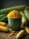 Fresh corn kernels in bowl close-up. Generative AI. Royalty Free Stock Photo