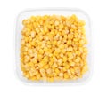 Fresh corn kernels in plastic container isolated on white, top view Royalty Free Stock Photo