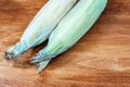 Fresh corn in leaves green ear of a couple of vegetables on a dark wooden background Royalty Free Stock Photo