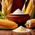 Fresh corn with corn meal and corn flour, processed cooking ingredients