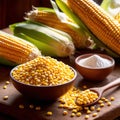 Fresh corn with corn meal and corn flour, processed cooking ingredients