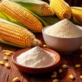 Fresh corn with corn meal and corn flour, processed cooking ingredients