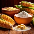 Fresh corn with corn meal and corn flour, processed cooking ingredients