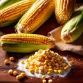 Fresh corn with corn meal and corn flour, processed cooking ingredients