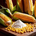 Fresh corn with corn meal and corn flour, processed cooking ingredients