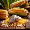 Fresh corn with corn meal and corn flour, processed cooking ingredients