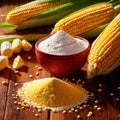 Fresh corn with corn meal and corn flour, processed cooking ingredients