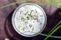 Fresh cottage cheese in the city on a wooden background Royalty Free Stock Photo