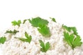 Fresh cottage cheese (curd) heap with parsley, isolated on white