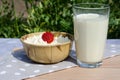 Plate with fresh cottage cheese and strawberries, a glass of milk on a background of nature. Healthy eating concept Royalty Free Stock Photo