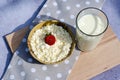 Plate with fresh cottage cheese and strawberries, a glass of milk on a background of nature. Healthy eating concept Royalty Free Stock Photo