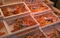 Fresh crab for sale at a stall at the Omicho Market in Kanazawa, Japan