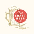 Fresh Craft Beer Abstract Vector Sign, Symbol or Logo Template. Hand Drawn Retro Beer Mug, Hops and Classic Typography