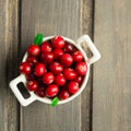 Fresh cranberry in white ceramic bowl on wooden background Royalty Free Stock Photo