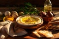 Fresh creamy hummus with olive oil and pita bread. Middle Eastern traditional appetizer. Authentic arab cuisine