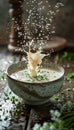 Fresh Creamy Soup with Herbs in Ceramic Bowl with Dynamic Milk Splash on Rustic Wooden Table Royalty Free Stock Photo