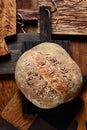 Fresh Crisp French homemade bread on wooden boards. Bread at leaven.
