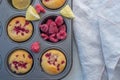 Sweet vanilla raspberry muffins on a table Royalty Free Stock Photo