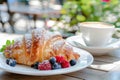 Fresh croissant with berries and powdered sugar, cappuccino in outdoor summer cafe Royalty Free Stock Photo