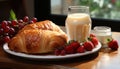 Fresh croissant and berries on wooden table, ready to eat breakfast generated by AI Royalty Free Stock Photo