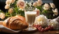 Fresh croissant and coffee on wooden table with flower bouquet generated by AI Royalty Free Stock Photo