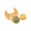 Fresh croissant, ripe green apple and half of orange. Food for breakfast or lunch. Tasty snack. Flat vector icon with