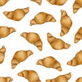 Fresh croissant seamless pattern. Delicious sweet pastry, classic french dessert. Hand drawn watercolor Tasty ruddy bun