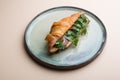 Fresh croissant stuffed with sliced ham and herbs