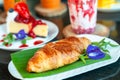 Butter croissant and coffee shop cafe. Royalty Free Stock Photo