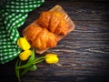 Fresh croissant bakery dessert on wooden background bread, table, french