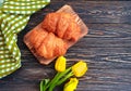 Fresh croissant bakery on wooden background bread, table, french